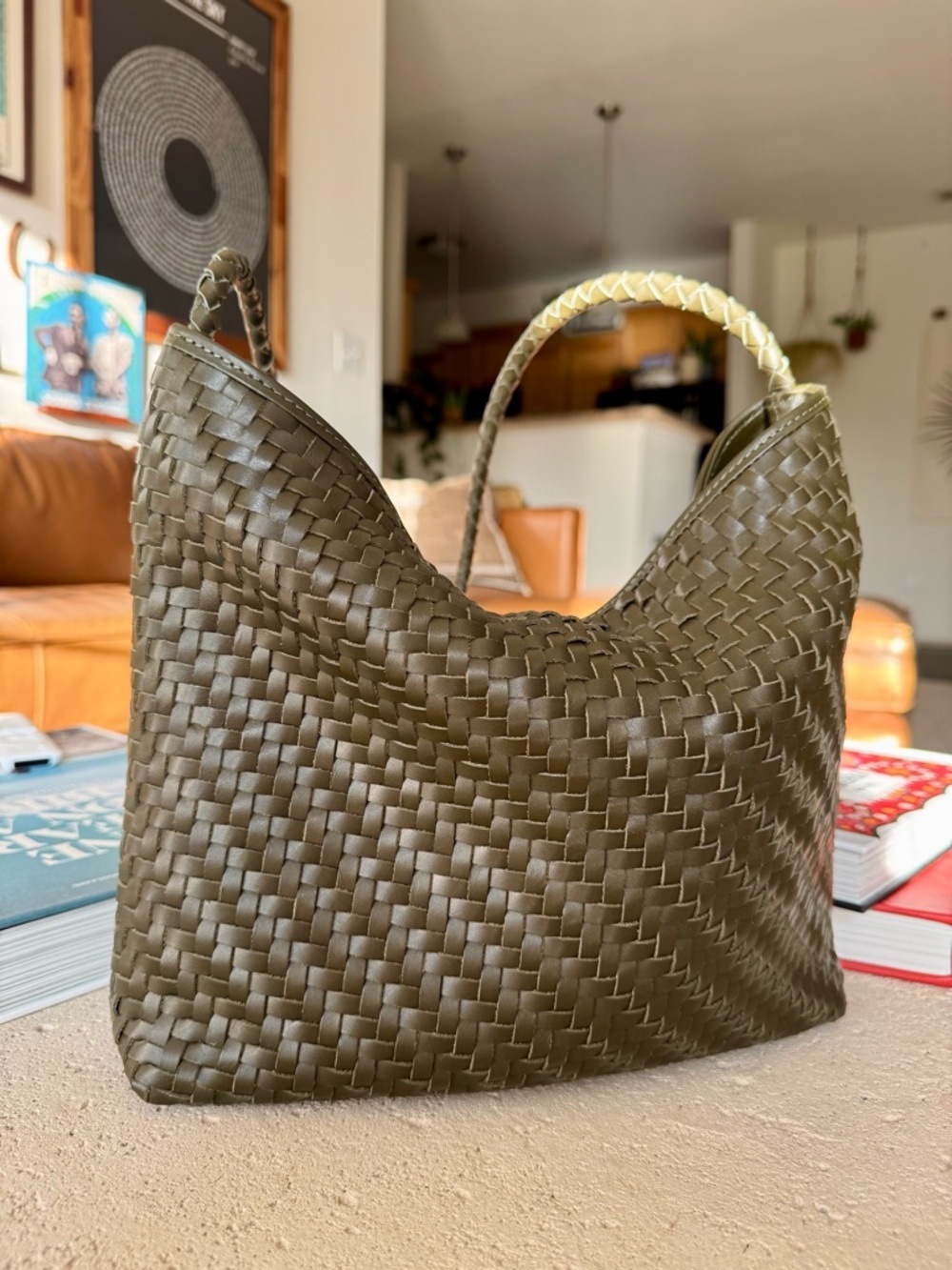 Bembien Serena Woven Leather Shoulder Tote Bag in Olive Green